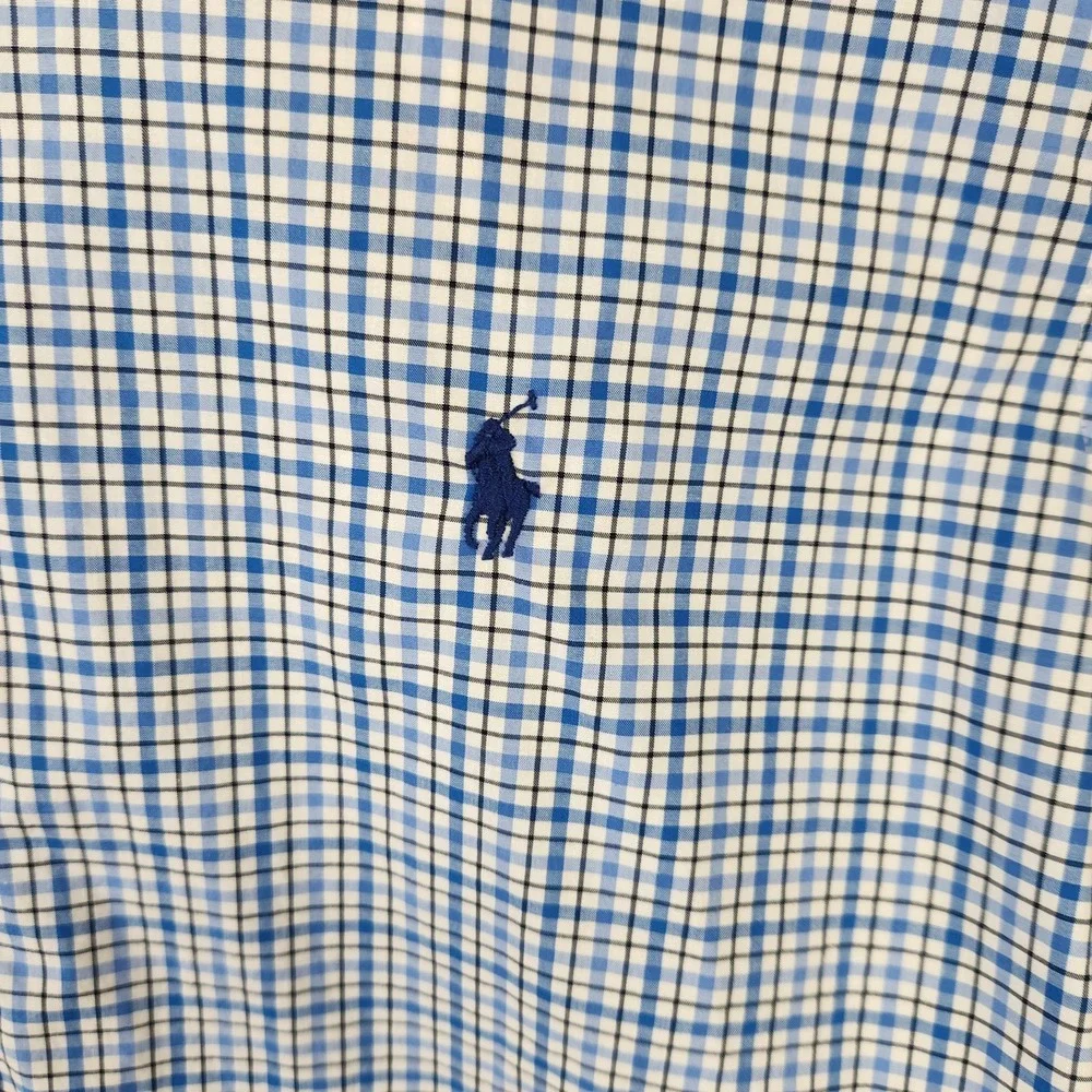 Ralph Lauren Mens L Blue Check Oxford Shirt Classic Fit‎ Long Sleeve Polo Logo